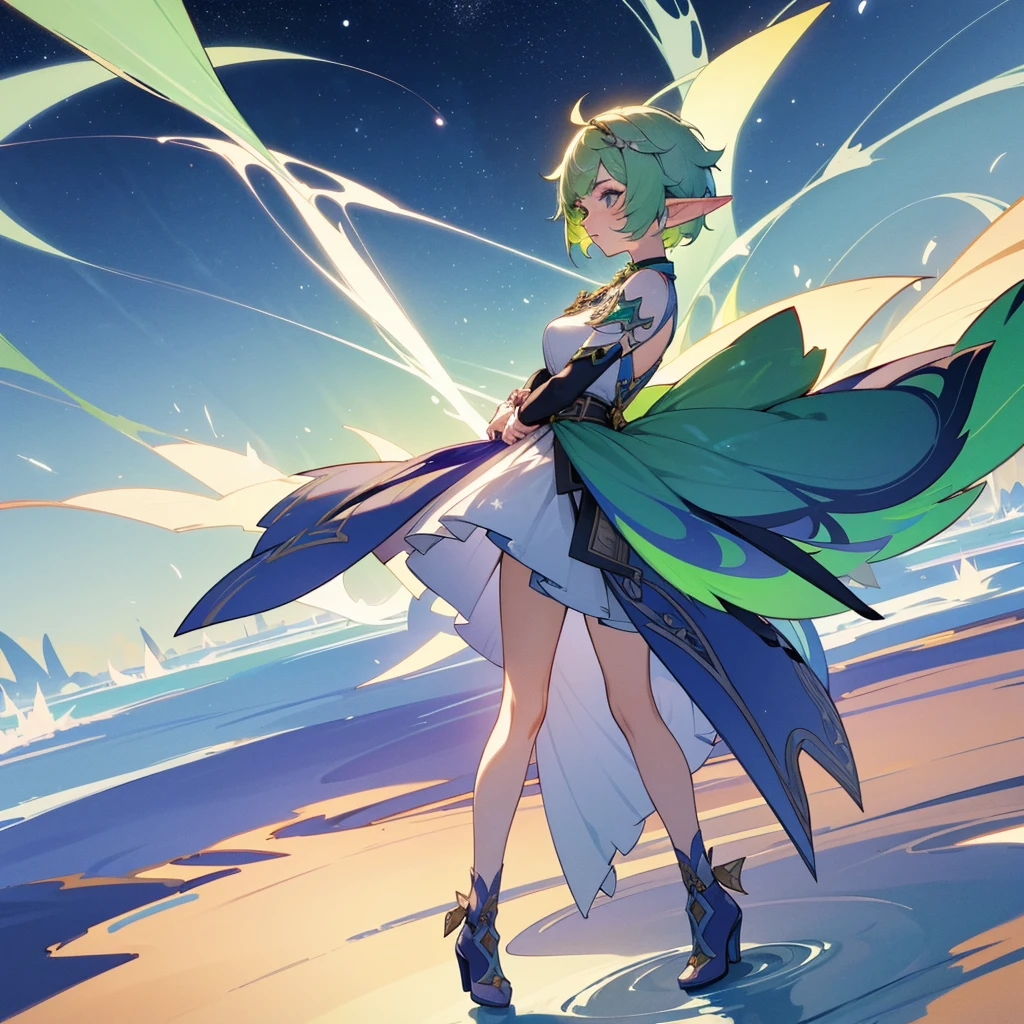 Pretty, beautiful, elf girl, elf, green hair, short hair, pretty hair, beautiful body, genshin impact design, fashion, fashion design, genshin impact, video game, full body, pretty face, starry clothes.