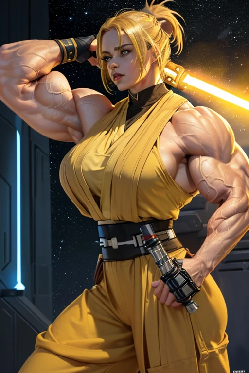 ((((Massive, tall, beautiful, buff, muscular light brown skinned female Jedi with yellow hair, black lipstick, ginormous bulky muscles, holding a lightsaber and wearing an all yellow Jedi outfit and Jedi pants)))), (close view), black eyeliner, massive muscles, massive biceps, hyper muscle triceps, (long flowing hair), gray eyes, Jedi boots, In space, Jedi outfit, Jedi pants, nighttime, confident smile, hyper muscles arms, hyper muscle legs, (ginormous arms)