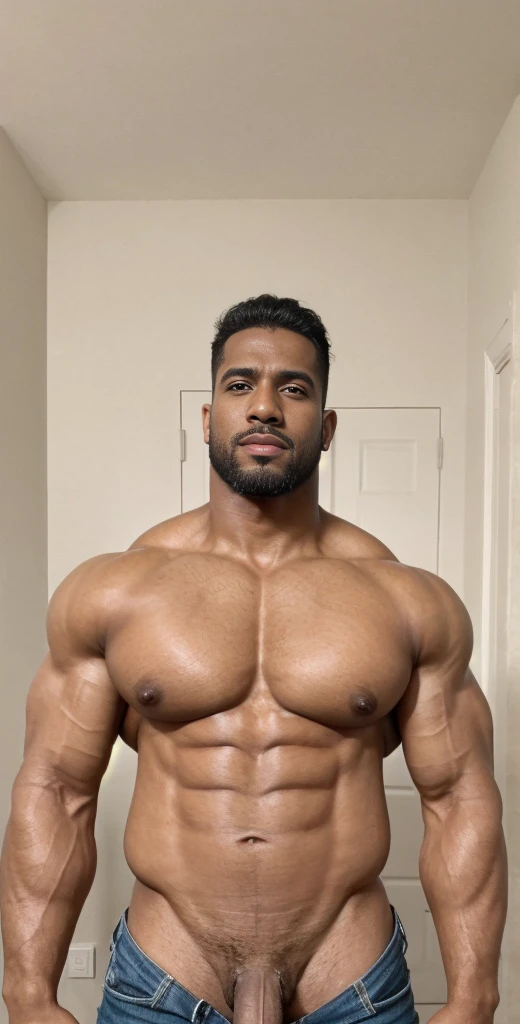Cinematic soft lighting illuminates a stunningly detailed and ultra-realistic hyper muscular handsome aged 42 "Saudi" bodybuilder with big arms, very dark skinned, exuding huge sexual aura, meticulous muscle definition, ((1boy)), ((standing on one leg, looking at viewer, from below, looking down)), ((erection)), jacked, big pecs, tattooed body, ((bara)), tan skin, that is trending on ArtStation. Octane is the perfect tool to capture the softest details of this 16k photography masterpiece
