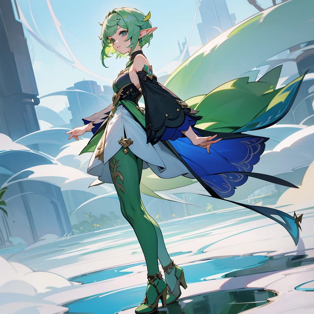 Pretty, beautiful, elf girl, elf, green hair, short hair, pretty hair, beautiful body, genshin impact design, fashion, fashion design, genshin impact, video game, full body, pretty face, starry clothes.