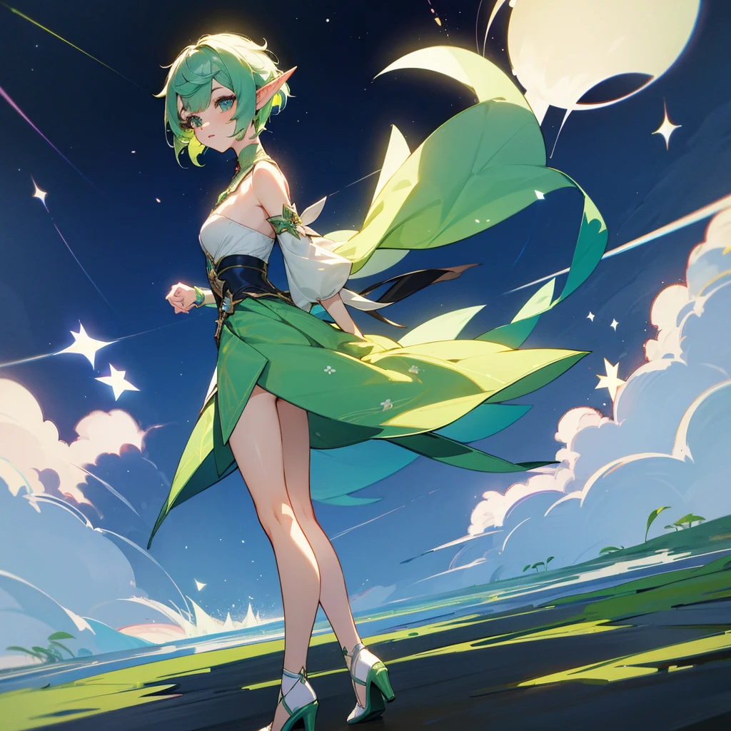 Pretty, beautiful, elf girl, elf, green hair, short hair, pretty hair, beautiful body, genshin impact design, fashion, fashion design, genshin impact, video game, full body, pretty face, starry clothes.