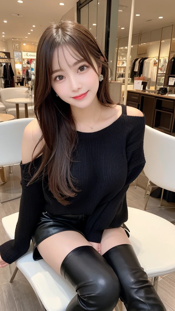 (2girls:1.2),In detail, High resolution, high quality、Beautiful fine details, long hair, Natural color lip、Clear Skin、Shiny Hair、Tabletop, 最high quality, Super detailed, In detail, High resolution, 8k、Cute pose,Beautiful feet,Perfect beautiful face,KPOP idol faces,Ecstatic face、Cute face,thigh boots、leather skirt、Off-the-shoulder sweater、smile、Shopping mall、Apparel Shop、bag、belt、mini skirt、Put your chest close、stand、symmetry