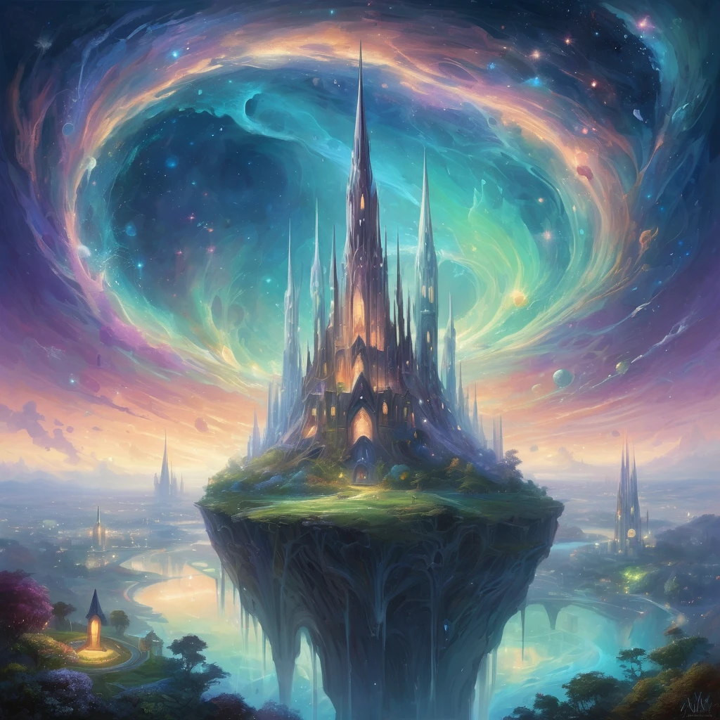 Create an astonishingly imaginative and visually striking scene inspired by the style of Adolavar Etapna. Picture an expansive, surreal landscape where the boundaries between reality and fantasy blur. In the foreground, a towering crystal spire emerges from the ground, its facets catching and refracting light in a dazzling array of colors. Around the spire, floating islands drift serenely in the sky, connected by delicate, shimmering bridges.

The inhabitants of this world are ethereal beings with luminescent skin and intricate, organic designs on their bodies. They move gracefully through the air, leaving trails of light and energy in their wake. Some are engaged in ritualistic dances around the spire, while others are tending to gardens of bioluminescent plants that glow in a myriad of vibrant hues.

In the background, a distant cityscape of towering, futuristic structures rises against a backdrop of swirling nebulae and constellations. The sky is a rich tapestry of colors, with galaxies and star clusters adding depth and wonder to the scene. The overall color palette should be vibrant and otherworldly, with a focus on iridescent blues, purples, and greens, contrasted by the warm, golden light emanating from the spire and the ethereal beings.

The entire image should evoke a sense of awe and wonder, capturing the viewer's imagination and transporting them to a fantastical, dreamlike world that is both beautiful and mysterious.