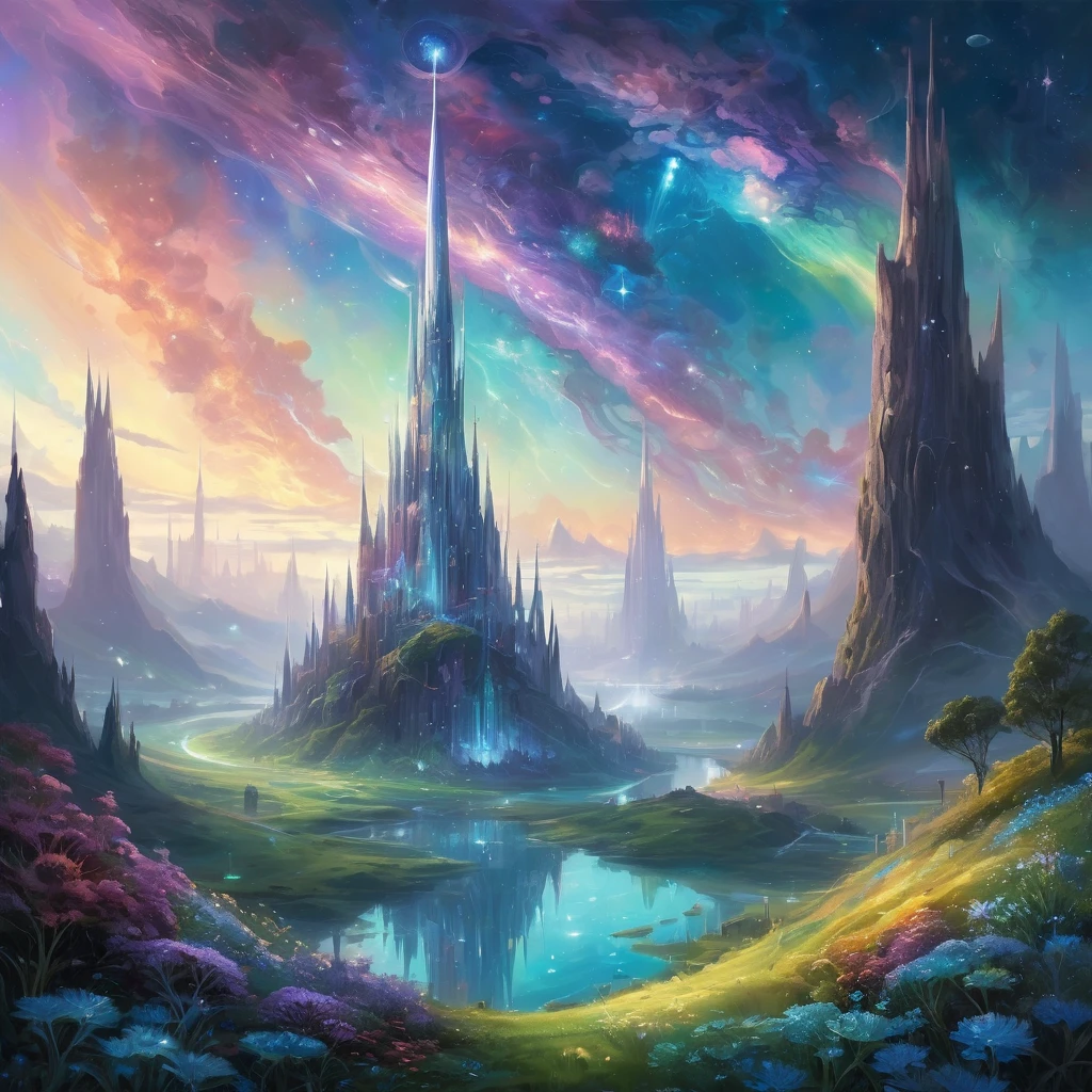 Create an astonishingly imaginative and visually striking scene inspired by the style of Adolavar Etapna. Picture an expansive, surreal landscape where the boundaries between reality and fantasy blur. In the foreground, a towering crystal spire emerges from the ground, its facets catching and refracting light in a dazzling array of colors. Around the spire, floating islands drift serenely in the sky, connected by delicate, shimmering bridges.
The inhabitants of this world are ethereal beings with luminescent skin and intricate, organic designs on their bodies. They move gracefully through the air, leaving trails of light and energy in their wake. Some are engaged in ritualistic dances around the spire, while others are tending to gardens of bioluminescent plants that glow in a myriad of vibrant hues.
In the background, a distant cityscape of towering, futuristic structures rises against a backdrop of swirling nebulae and constellations. The sky is a rich tapestry of colors, with galaxies and star clusters adding depth and wonder to the scene. The overall color palette should be vibrant and otherworldly, with a focus on iridescent blues, purples, and greens, contrasted by the warm, golden light emanating from the spire and the ethereal beings.
The entire image should evoke a sense of awe and wonder, capturing the viewer's imagination and transporting them to a fantastical, dreamlike world that is both beautiful and mysterious.