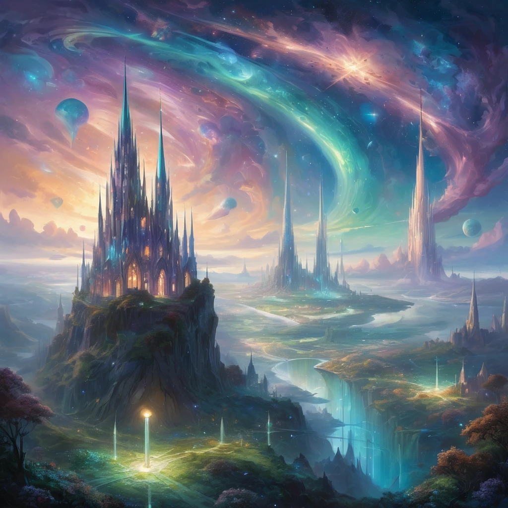 Create an astonishingly imaginative and visually striking scene inspired by the style of Adolavar Etapna. Picture an expansive, surreal landscape where the boundaries between reality and fantasy blur. In the foreground, a towering crystal spire emerges from the ground, its facets catching and refracting light in a dazzling array of colors. Around the spire, floating islands drift serenely in the sky, connected by delicate, shimmering bridges.
The inhabitants of this world are ethereal beings with luminescent skin and intricate, organic designs on their bodies. They move gracefully through the air, leaving trails of light and energy in their wake. Some are engaged in ritualistic dances around the spire, while others are tending to gardens of bioluminescent plants that glow in a myriad of vibrant hues.
In the background, a distant cityscape of towering, futuristic structures rises against a backdrop of swirling nebulae and constellations. The sky is a rich tapestry of colors, with galaxies and star clusters adding depth and wonder to the scene. The overall color palette should be vibrant and otherworldly, with a focus on iridescent blues, purples, and greens, contrasted by the warm, golden light emanating from the spire and the ethereal beings.
The entire image should evoke a sense of awe and wonder, capturing the viewer's imagination and transporting them to a fantastical, dreamlike world that is both beautiful and mysterious.