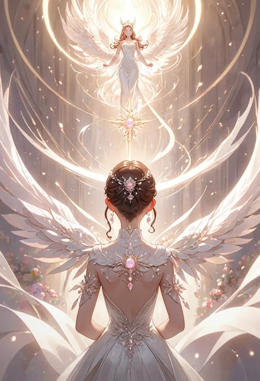 Very detailed,(((ultra detailed face))),best quality, 8k, (柔Light), Light, 1 lady, facing the camera,back view,brown hair, forehead,elegant, Comfortable, Clean and detailed anime art, Trending on artstart,milky white, illuminate warmly, (pink and white theme),big smile,sanctuary,make-up