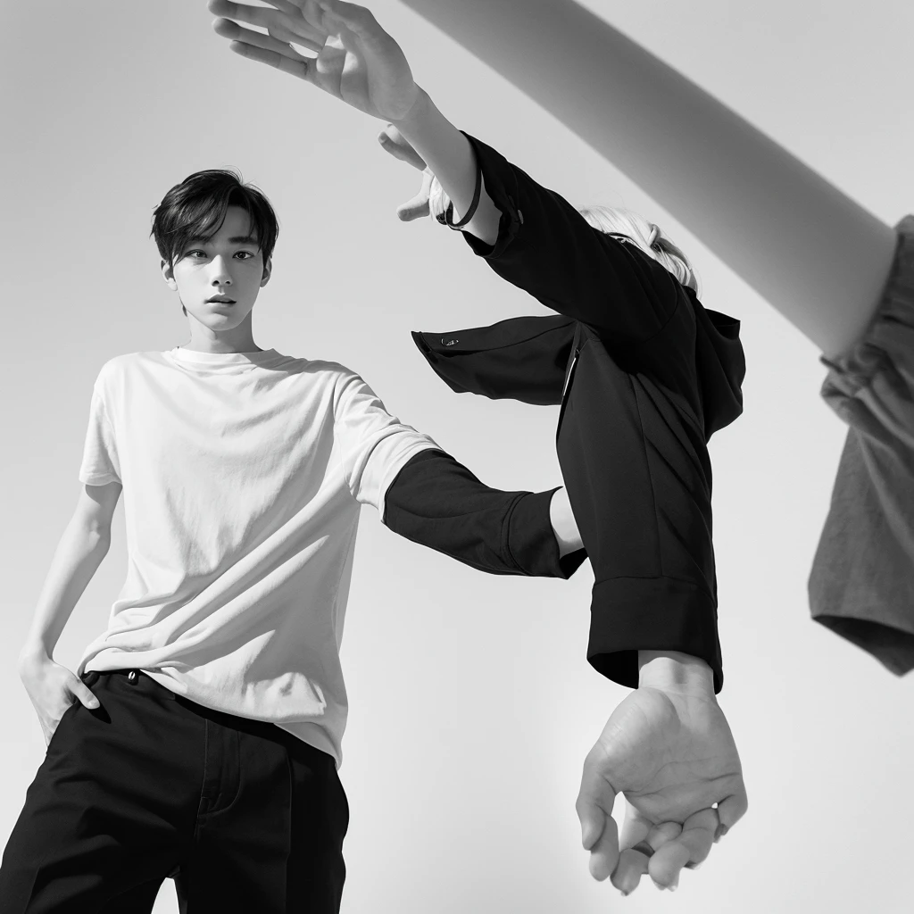 White background、Female Illusion、Man reaching out、An illustration、Monochrome