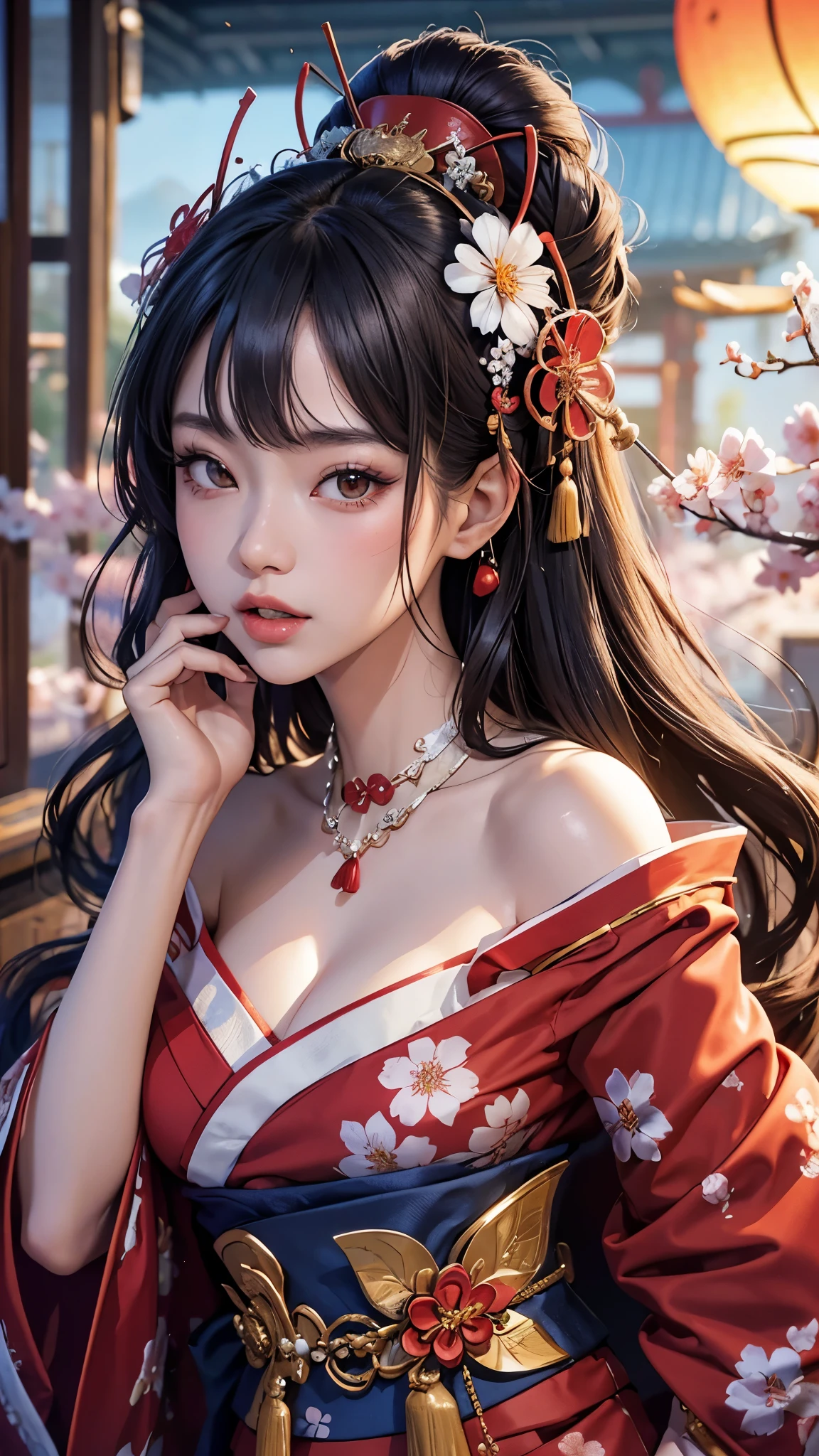 sexy asian girl, 1girl, japanese geisha, 20 years old, face close up, half body portrait, (geisha hairstyle), big brown eyes, nihongami, geisha makeup, modest look, seducing viewer, hearts, posing, sexy pose, solo, blue floral kimono, off shoulder, bonsai, sakura, cherry blossom, submission, sunset, flowers, plants, cinematic lightings