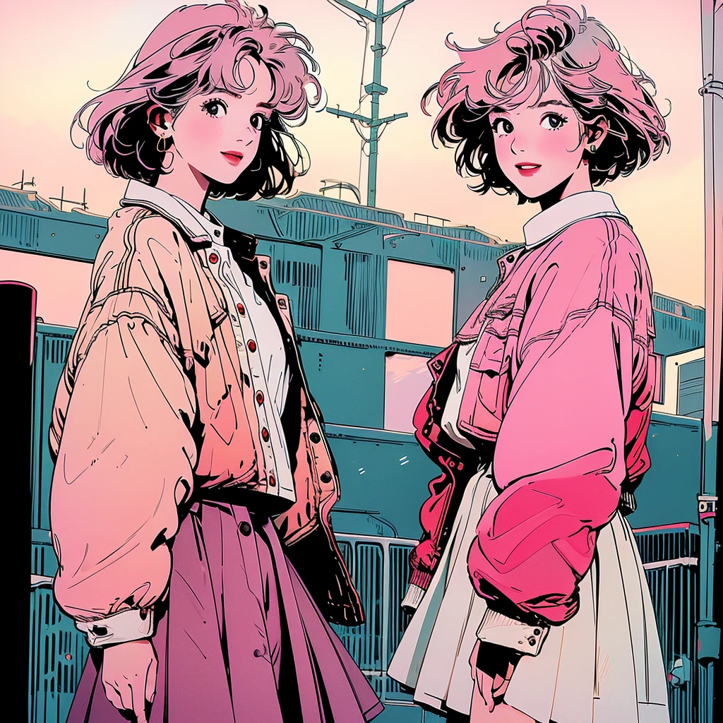 One beautiful woman, whole body, Upper Body, 4k, Warm colors , White blouse、skirt, pedestrian crossing、Signal, 、intersection、Complex background、Medium length pink hair、Detailed Hair、smile
