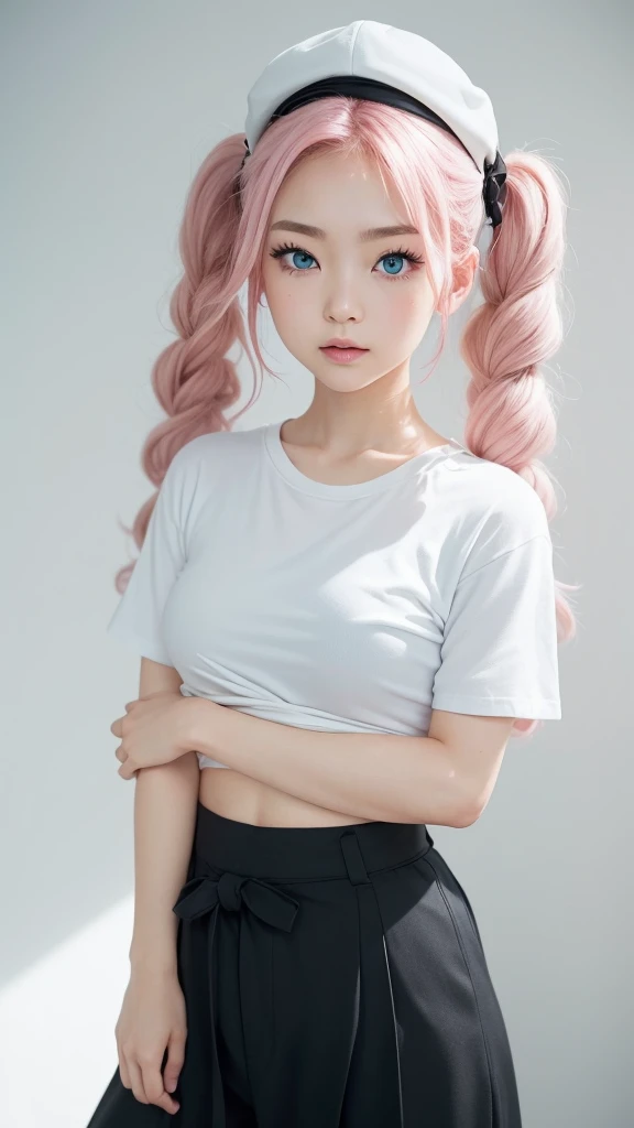 (In a pure white room with white wallpaper、Wearing a plain black cap、Plain whiteＴShirts and、A thick emerald green cloth is wrapped around the lower abdomen.、Wear plain black trousers、Plain black shoes)(With both eyes tightly closed、Spread your arms wide and stick out your chest.、Right hand clenched、In his left hand he holds a Japanese sword in its sheath.、A little confidently、A cute and cool pose、Posting on social media、Japanese 38%and Ukraine 62%of mixed race children、Age 21、A beautiful and stylish woman、Her hair is pink ash gray and super long in twin tails, twisted and curly.、Eyebrows are thin, slightly thick and short、Those big blue eyes are so beautiful、His nose is high like an Englishman&#39;s、Plump lips) ［Fingers are not visible］(Always take photos alone)(I&#39;m very confident)(Height 178cm) (To portray with precision、Highest quality、Artistic composition、Super detailed、High resolution、Dynamic Lighting Effects、Golden Ratio、Silver ratio、Ultra-precise geometric pattern background) Do your best to fulfill all these conditions.。