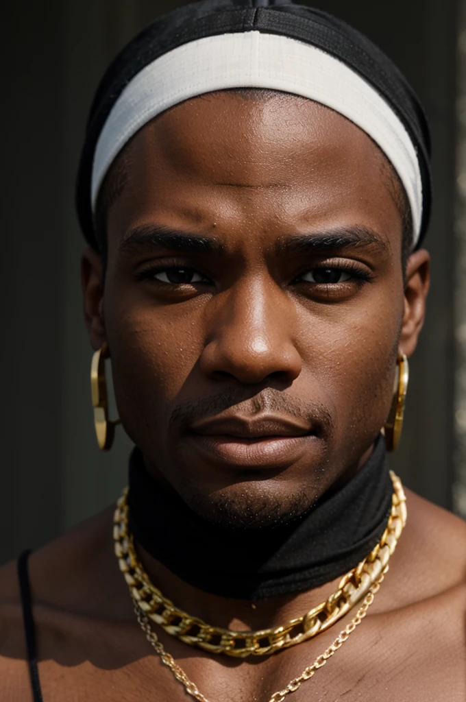 BLACK MAN, BLACK BANDANA, WHITE TANK TOP, GOLD CHAIN, FACE FRONT, BRIGHT FACE, BLACK MAN, CLOSE UP FACE
