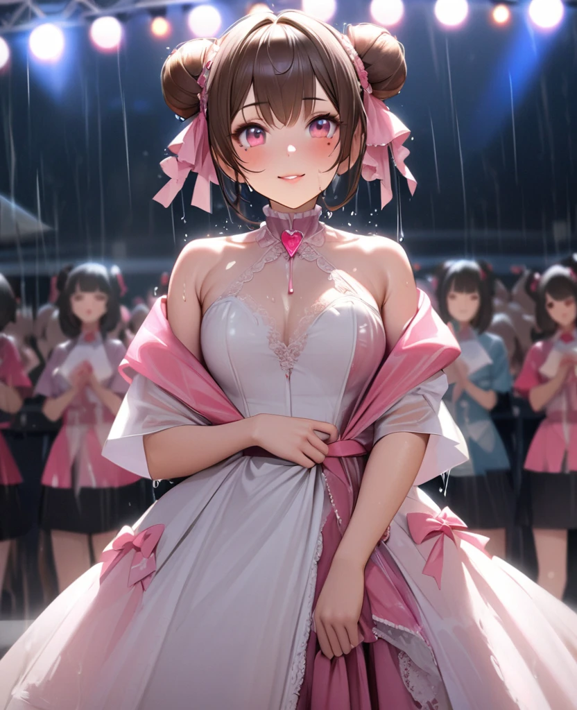 One Girl、Looking at the audience、lovely,
Beautiful pink eyes、Two brown double hair buns , Mole under the eye、Plump and glossy lips、Heart-shaped choca、Idol、Her name is May,smile、ー、。.。.。.。.。.。.。.。.。.。.。.。.。.。.。.。.。.。.3D、Realistic、
The idol's costume was soaked in the heavy rain, and her chest was wet and transparent.Heavy rain at outdoor concert, Drape clothes、gem、The decoration has been removed、Floral、Lace trim,On a glittering stage、
masterpiece、highest quality、8k、Detailed skin texture、Detailed cloth texture、Beautifully detailed face、Intricate details、Very detailed、
超A high resolution、8k Ultra HD、Film Grain、Best Shadow、delicate、Gazing at the audience、front