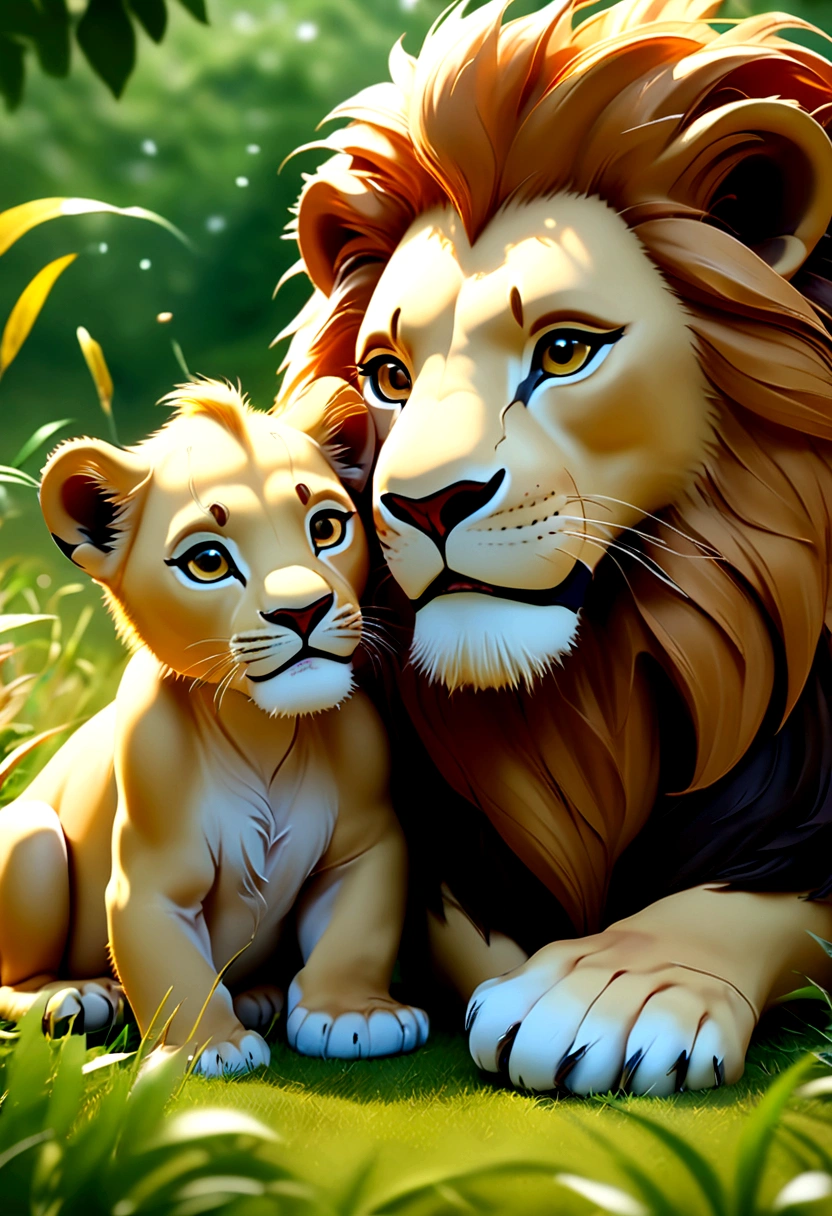 ((Masterpiece, top quality, high resolution)), ((highly detailed CG unified 8K wallpaper)), Animal Photography, there is a lion and a lion cub playing together in the grass, 