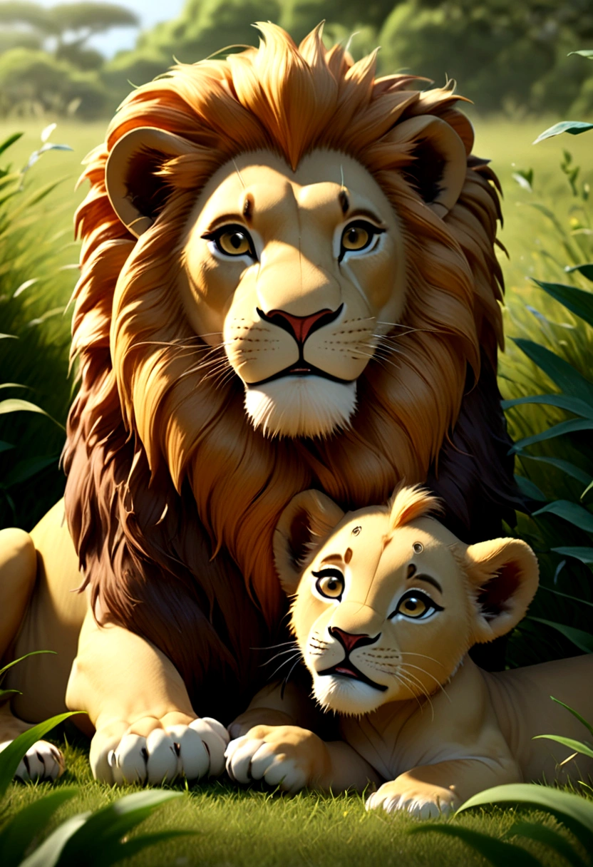 ((Masterpiece, top quality, high resolution)), ((highly detailed CG unified 8K wallpaper)), Animal Photography, there is a lion and a lion cub playing together in the grass, 