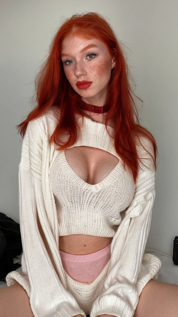 raw photo, (18yo redhead girl:1.2), makeup, graphic eyeliner, rouge, (choker:0.9), realistic skin texture, oversize knit sweater, (red:0.8), softcore, warm lighting, cosy atmosphere, instagram style