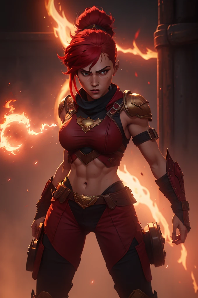 A muscular female warrior battle chasers nightwar red monika with red hair in a high ponytail, wearing a red and gold armored outfit. Her costume includes a form-fitting top and large shoulder guards, with a dark cloak around her neck. The background is dark with orange flames, adding a dramatic effect. JoeMAD2023,1girl, Red_Monica_v2, large breasts, action pose, 8k, uhd, best quality, cartoon, armor, trending on artstation, vibrant colors, epic fantasy, comic style,red hair, ancient city, toned body, abs,