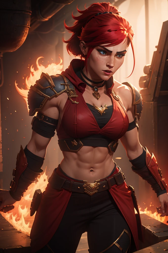 A muscular female warrior battle chasers nightwar red monika with red hair in a high ponytail, wearing a red and gold armored outfit. Her costume includes a form-fitting top and large shoulder guards, with a dark cloak around her neck. The background is dark with orange flames, adding a dramatic effect. JoeMAD2023,1girl, Red_Monica_v2, large breasts, action pose, 8k, uhd, best quality, cartoon, armor, trending on artstation, vibrant colors, epic fantasy, comic style,red hair, ancient city, toned body, abs,