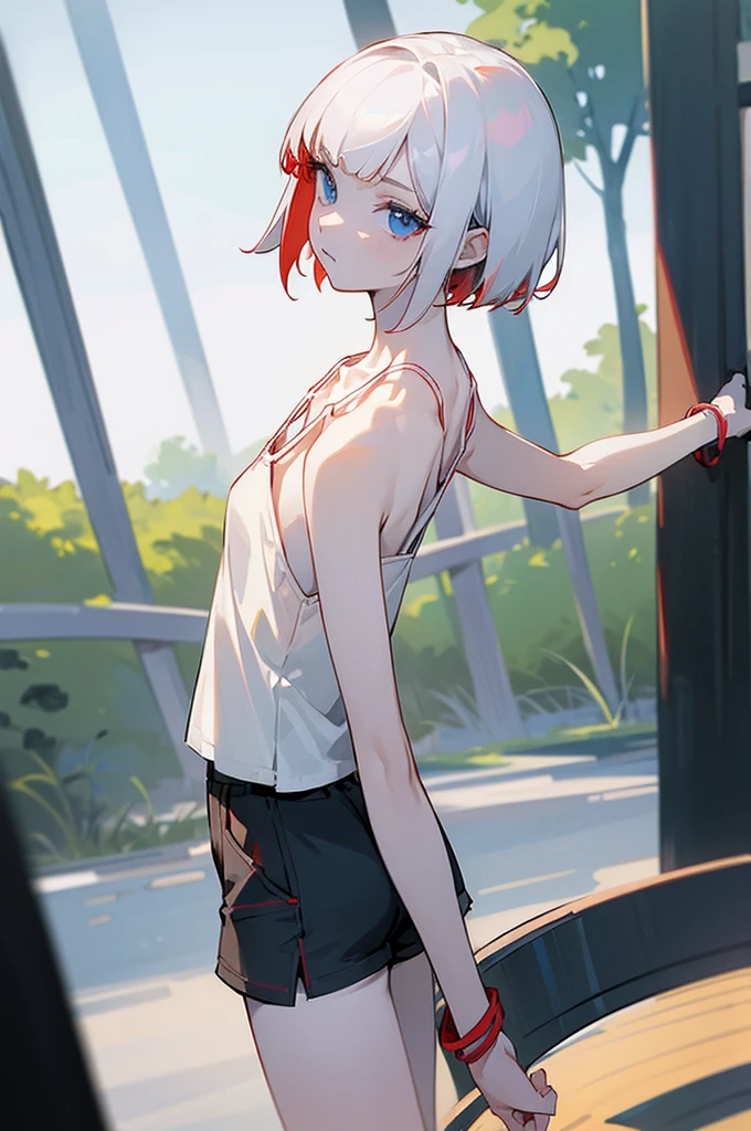 (masterpiece:1.2), (pale skin:1.2), (solo:1.2), (female:1.1), (emphasis lines:1.3), (adult:1.2), blue eyes, white hair, red hair, bangs, (bracelets:1.1), short hair, (shorts:1.2), casual, bare shoulders, collarbone, (camisole:1.1), outdoors, day
