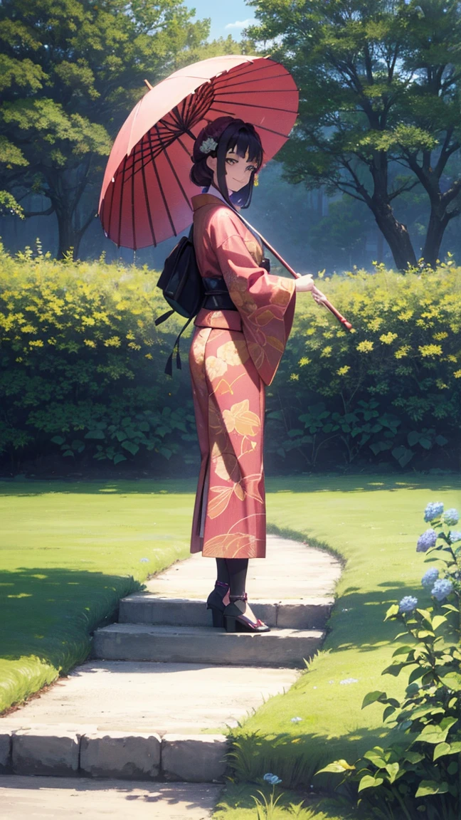 A beautiful, mature woman in a traditional Japanese kimono, standing in a serene Japanese garden filled with blooming hydrangeas. She is holding an umbrella, facing forward, and smiling gently. The illustration is in the style of Japanese anime, with detailed, vibrant colors and a soft, blurred background to highlight the scene. The garden path is wet and reflective, with lush greenery and vibrant hydrangea bushes. The image is in a 9:16 aspect ratio.