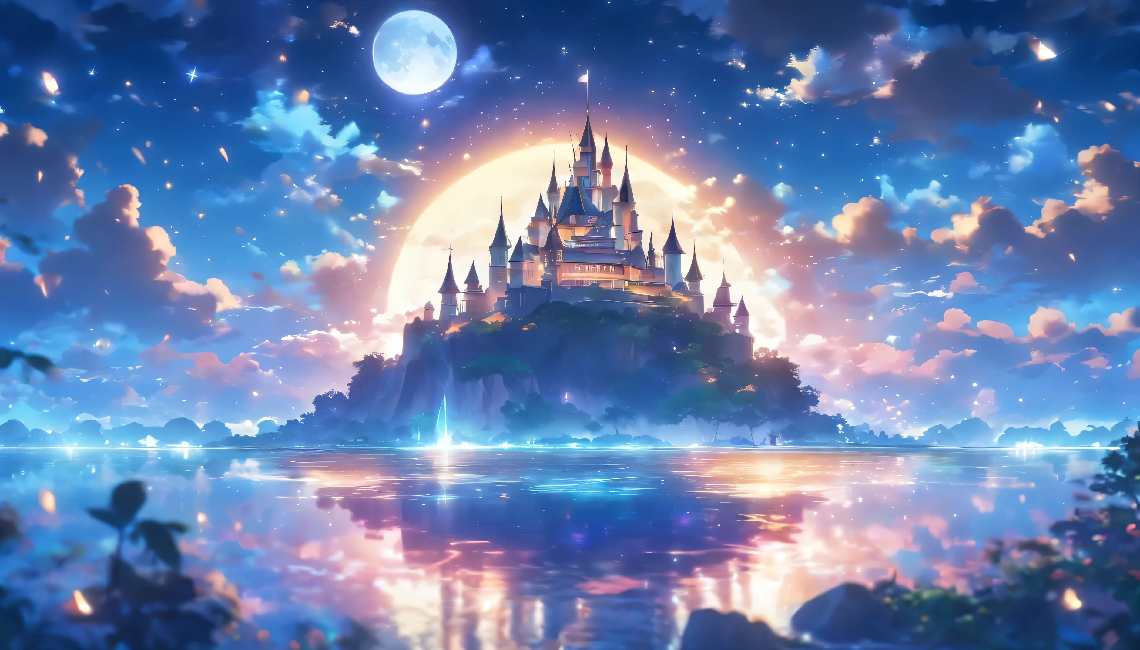 A small island in the sky、((Big Moon))、(((Moonlight reflecting off the sea)))、midnight、Sparkling starry sky、shooting star、((The Queen's Castle on a Deserted Island))、Transparent Prism、crystal、Various colors mix together、(Colorful light)、((Background: Magnificent ocean and night sky))
、((Pure white nature))、((Overall pale glow))