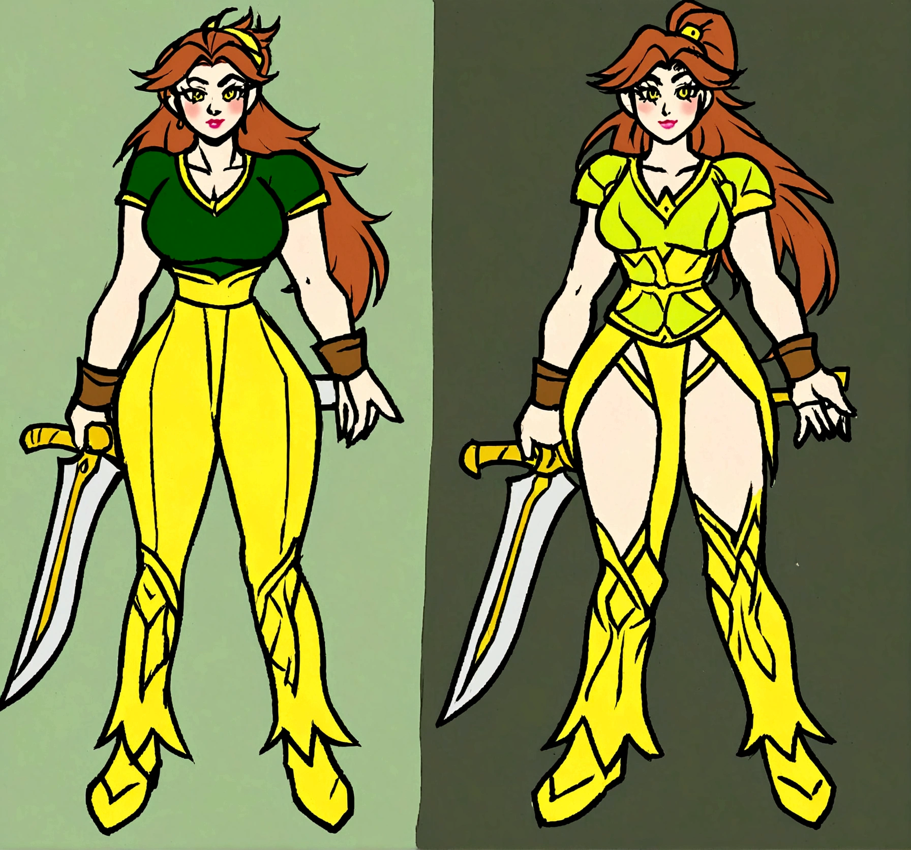 drawing of a woman in a green and yellow outfit holding a sword, Senna from League of Legends, inspired by Frank Miller, inspired by Leona Wood, girl from Knights of the Zodiac, Fiora from League of Legends, anime character; full body art, League of Legends Akali, 90s Comic Character Design, League of Legends Riven