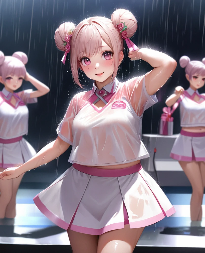 One Girl、Looking at the audience、lovely,
Beautiful pink eyes、Two brown double hair buns , Mole under the eye、Plump and glossy lips、Heart-shaped choca、Dance team uniformini skirt, Her name is May,smile、ー、。.。.。.。.。.。.。.。.。.。.。.。.。.。.。.。.。.。.3D、Realistic、
Dance team uniforms was soaked in the heavy rain, and her chest was wet and transparent.Heavy rain at outdoor concert, Drape clothes、gem、The decoration has been removed、Floral、Lace trim,On a glittering stage、
masterpiece、highest quality、8k、Detailed skin texture、Detailed cloth texture、Beautifully detailed face、Intricate details、Very detailed、
超A high resolution、8k Ultra HD、Film Grain、Best Shadow、delicate、Gazing at the audience、front
