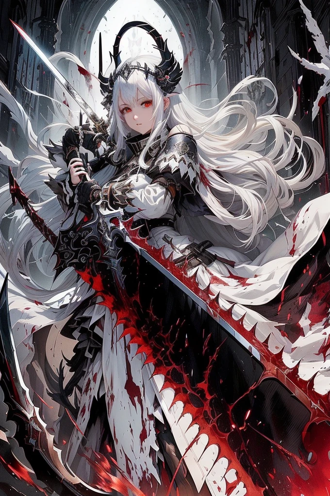 anime, anime girl, sword, Blood, Blood, Blood, Blood, Blood, Blood, Blood, Blood, Blood, Blood, Blood, Blood, Blood, From Arknights, White Horns Queen Demon, White-haired God, detailed key anime art, anime epic artwork, detailed anime art, epic anime fantasy, anime fantasy artwork, detailed anime artwork