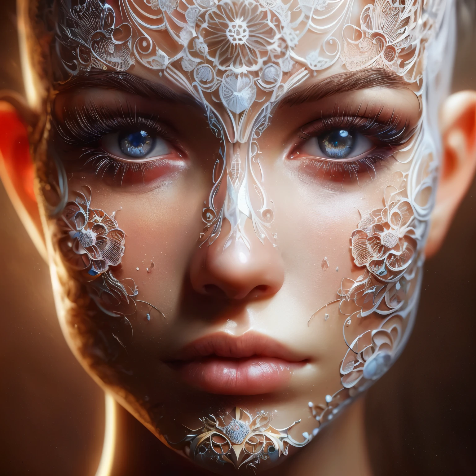 ((close-up portrait,))) masterpiece, a model lace brazier, 8k beautiful 25 year old, (((close-up portrait,))) (Frontal view:1.4), symmetrical face, symmetrical eyes, hyper 8k detailed photo, 8k resolution concept art by greg rutkowski, artgerm, wlop, alphonse Mucha, beeple, caravaggio, hyper- detailed intricately detailed art trending on artstation triadic colors unreal engine 5 volumetric lighting, perfect composition, beautiful detailed intricately insanely detailed octane render trending on artstation, 8 k artistic photography, photorealistic, soft natural volumetric cinematic perfect light, chiaroscuro, masterpiece, oil on canvas, digital painting, symmetrical, illuminating, detailed face, smooth soft skin, ultra-realistic, soft hairs, looking into the camera, sf, intricate artwork ominous, matte painting movie poster, golden ratio, trending on cgsociety, intricate, epic, trending on artstation, highly detailed, vibrant, production cinematic character render, ultra high quality mod