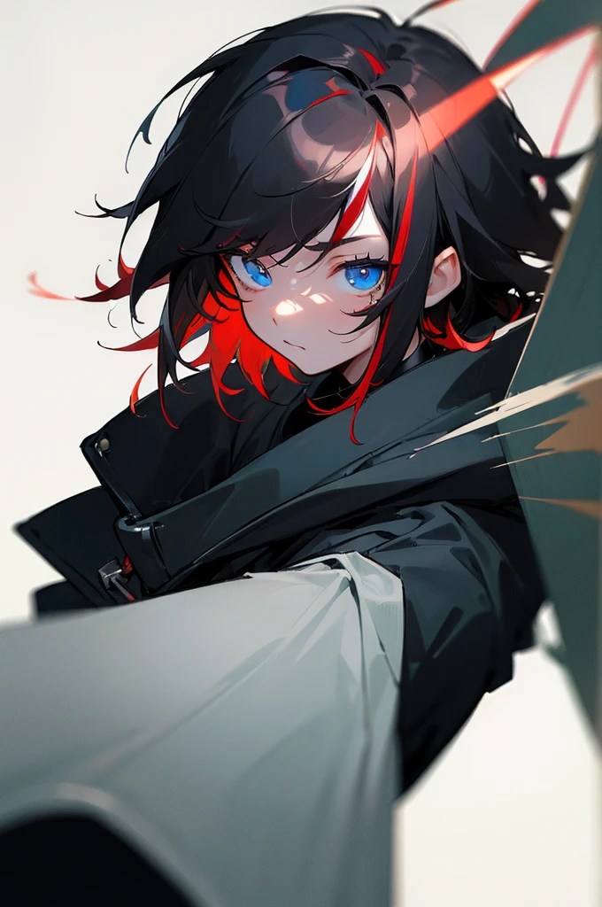 [(WHITE BACKGROUND:1.5),::5], ((((masterpiece)))), high quality, ultra very high resolution, full color, (((solo))), ((little boy)), black hair, ((red streaked hair)), blue eyes, anime, upper body, neon light, black parka, upper body,
