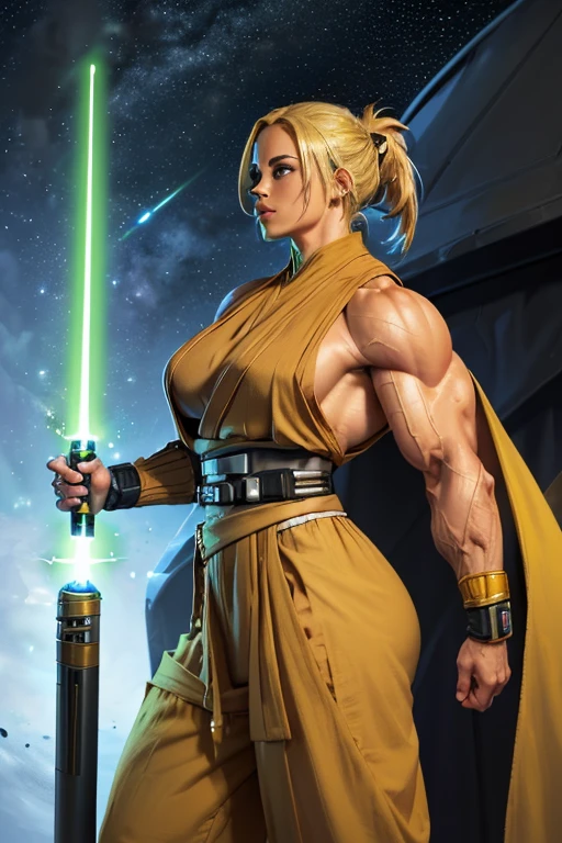 ((((Massive, tall, beautiful, buff, muscular light brown skinned female Jedi with yellow hair, black lipstick, ginormous bulky muscles, holding a lightsaber and wearing an all yellow Jedi outfit and Jedi pants)))), (close view), black eyeliner, massive muscles, massive biceps, hyper muscle triceps, (long flowing hair), gray eyes, Jedi boots, In space, Jedi outfit, Jedi pants, nighttime, confident smile, hyper muscles arms, hyper muscle legs, (ginormous arms)