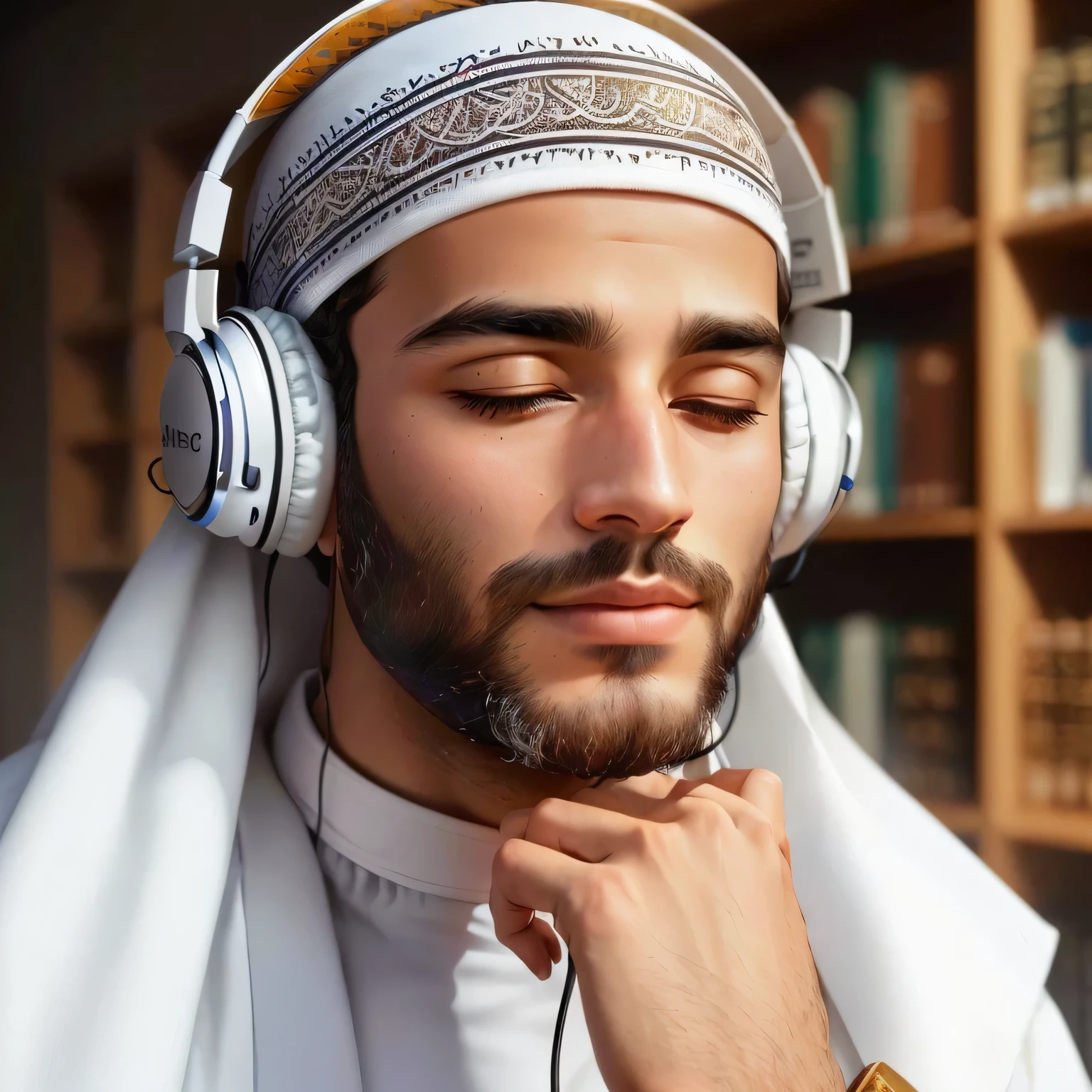 arafed man with headphones and a white robe listening to music, listening to godly music, arab man light beard, with head phones, serene expression, headphones on his head, wearing headphones, sheikh, with headphones, listening to music at 2 am, sufism, his mind contemplating eternity, he has headphones, listening to music, headphones on head, the god of music