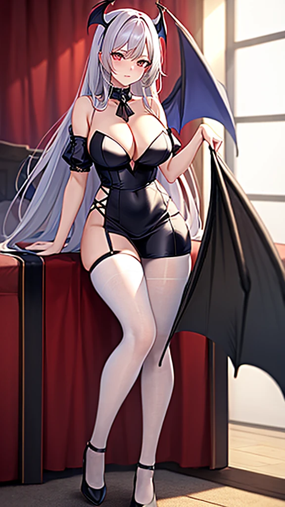 (((Masterpiece))),(((best quality))),((Ultra Detail)),(Implications),Succubus Maiden,Wearing a white full-body maid outfit,White long straight hair,Conservatively dressed succubus wife,Curly succubus tail,Wearing a collar around the neck,There are devil wings behind,Charming long legs with white