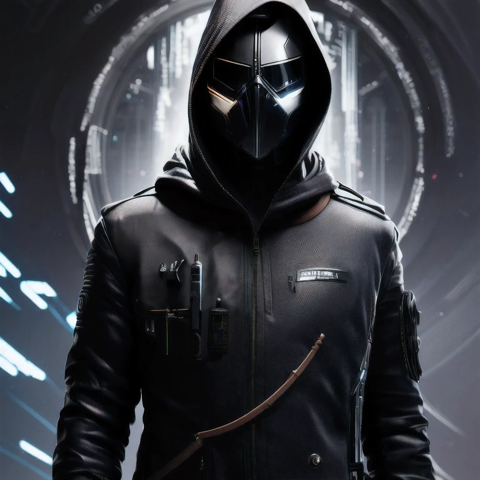 a close up of a person in a hoodedie standing in front of a clock, techwear occultist, dystopian sci-fi character, epic scifi character art, dark cyberpunk illustration, dark high-contrast concept art, dark futuristic, symmetric concept art, dark hooded wraith, epic sci - fi character art, epic sci-fi character art