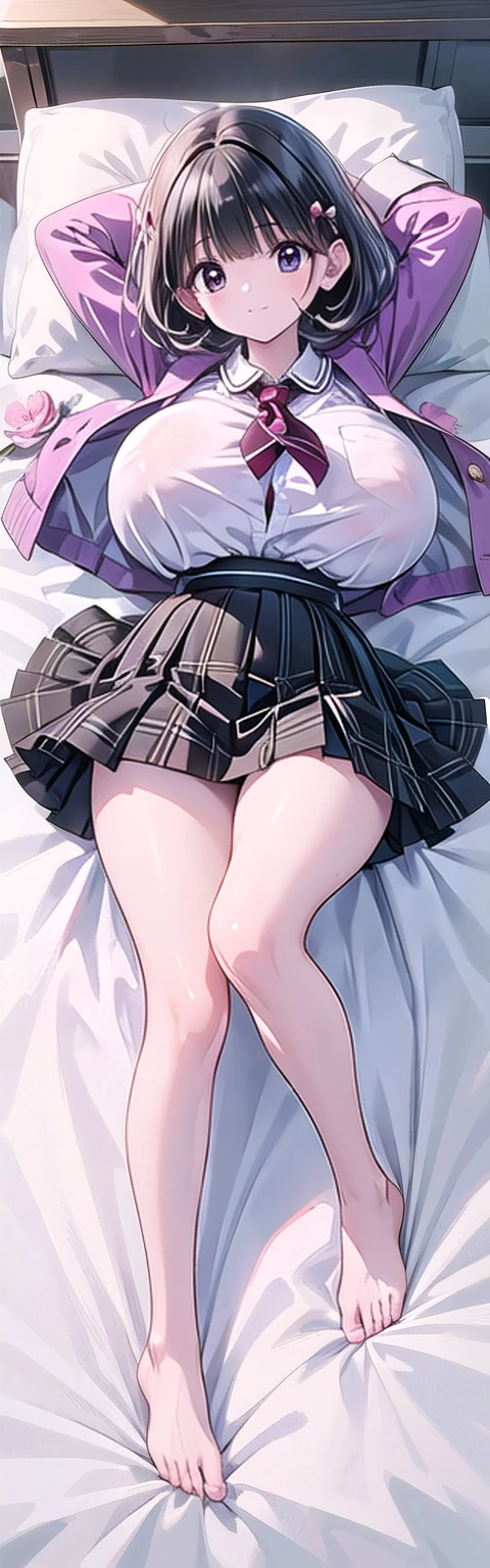 Masterpiece,Best Quality,(Super Detail),perfect writing, Highly detailed CG,Super detailed,(Highly detailed eyes,Very cute face,Highly detailed face:1.3),Beautiful Anime Girl,(Solo Girl),(Super huge boobs:1.3),(super huge breasts:1.3),(Sensual,Glamorous:1.4),(pink,very Long Hair,wave),(Big light purple eyes),Collared shirt,White shirt,Pleated skirt,lying on the bed,on back,school tight,pink pillow , pleated skirt, zettai ryouiki,high resolution,heart shaped pupils, plaid skirt, black stocking,claw pose,lie on bed,liying , full body , toe,full body seen,full-face blush,sexual climax,arms up,Young features,(:1.4),Elementary school girls