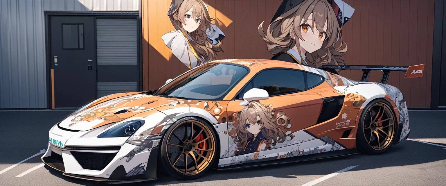 (Highest quality、Very detailed、Very detailed and beautiful、Ultra-high resolution) 、((A sports car with an anime girl printed on the hood))、Car wrapping,手前にしゃがんでいる制服姿のBrown Hair女子高生、{Brown Hair、short hair、Wavy Hair、Curly Hair、Low Twintails}, ,{Dark Blue Blazer、White shirt、Yellow Ribbon、Grey pleated skirt}