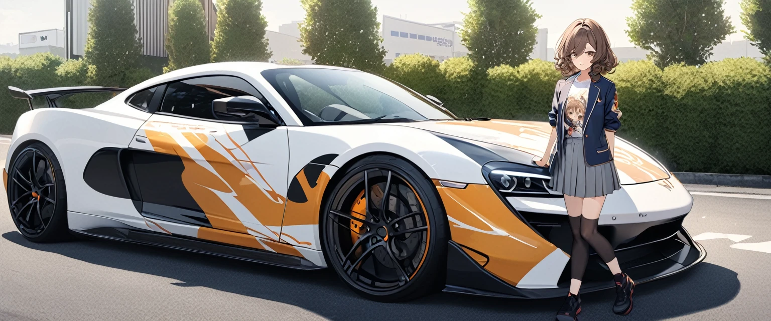 (Highest quality、Very detailed、Very detailed and beautiful、Ultra-high resolution) 、((A sports car with an anime girl printed on the hood))、Car wrapping,手前にしゃがんでいる制服姿のBrown Hair女子高生、{Brown Hair、short hair、Wavy Hair、Curly Hair、Low Twintails}, ,{Dark Blue Blazer、White shirt、Yellow Ribbon、Grey pleated skirt}
