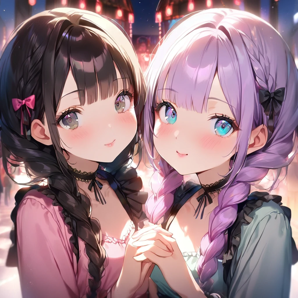 ( 2girls:1.5), (Twin girls, the same face, the same hairstyle, the same eyes, symmetrical posture, cheek-to-cheek,holding hands:1.5).2girls with closs hair pin,pale purple hair,wavy two braids,blunt bangs hair,green and black eyes,girls are wearing
pink shirt,cosplay, jirai kei, bangs, black skirt, black bow, looking at viewer, bow, long sleeves, choker, ribbon,pink lips, :1.4), (masterpiece:1.3), anime visual, (Lovey-dovey:1.5), (tilt head:1.3), extremely delicate face, soft clean focus, realistic lighting and shading, (an extremely delicate and beautiful art:1.3), elegant, (muted colors:1.1), small breast,slim,The Moulin Rouge in Paris, mysterious pink light, a slightly dark room,,smiling,night lit,