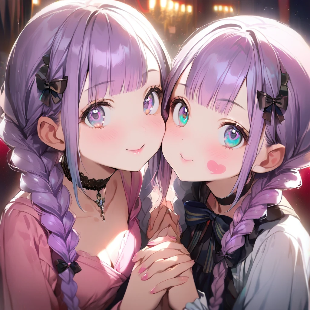 ( 2girls:1.5), (Twin girls, the same face, the same hairstyle, the same eyes, symmetrical posture, cheek-to-cheek,holding hands:1.5).2girls with closs hair pin,pale purple hair,wavy two braids,blunt bangs hair,green and black eyes,girls are wearing
pink shirt,cosplay, jirai kei, bangs, black skirt, black bow, looking at viewer, bow, long sleeves, choker, ribbon,pink lips, :1.4), (masterpiece:1.3), anime visual, (Lovey-dovey:1.5), (tilt head:1.3), extremely delicate face, soft clean focus, realistic lighting and shading, (an extremely delicate and beautiful art:1.3), elegant, (muted colors:1.1), small breast,slim,The Moulin Rouge in Paris, mysterious pink light, a slightly dark room,,smiling,night lit,