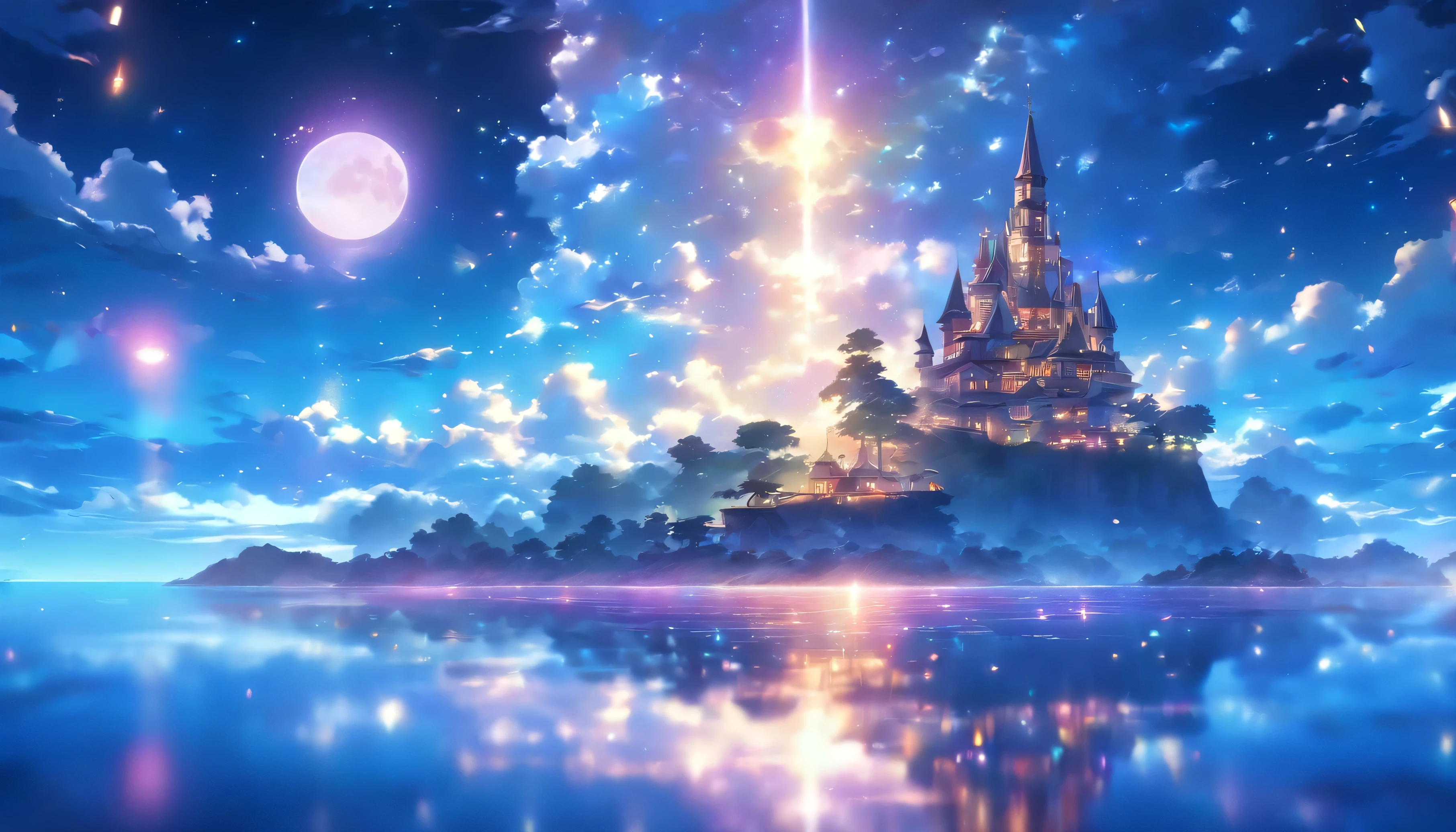 A small island in the sky、((Big Moon))、(((Moonlight reflecting off the sea)))、midnight、Sparkling starry sky、shooting star、((The Queen's Castle on a Deserted Island))、Transparent Prism、crystal、Various colors mix together、(Colorful light)、((Background: Magnificent ocean and night sky))
、((Pure white nature))、((Overall pale glow))