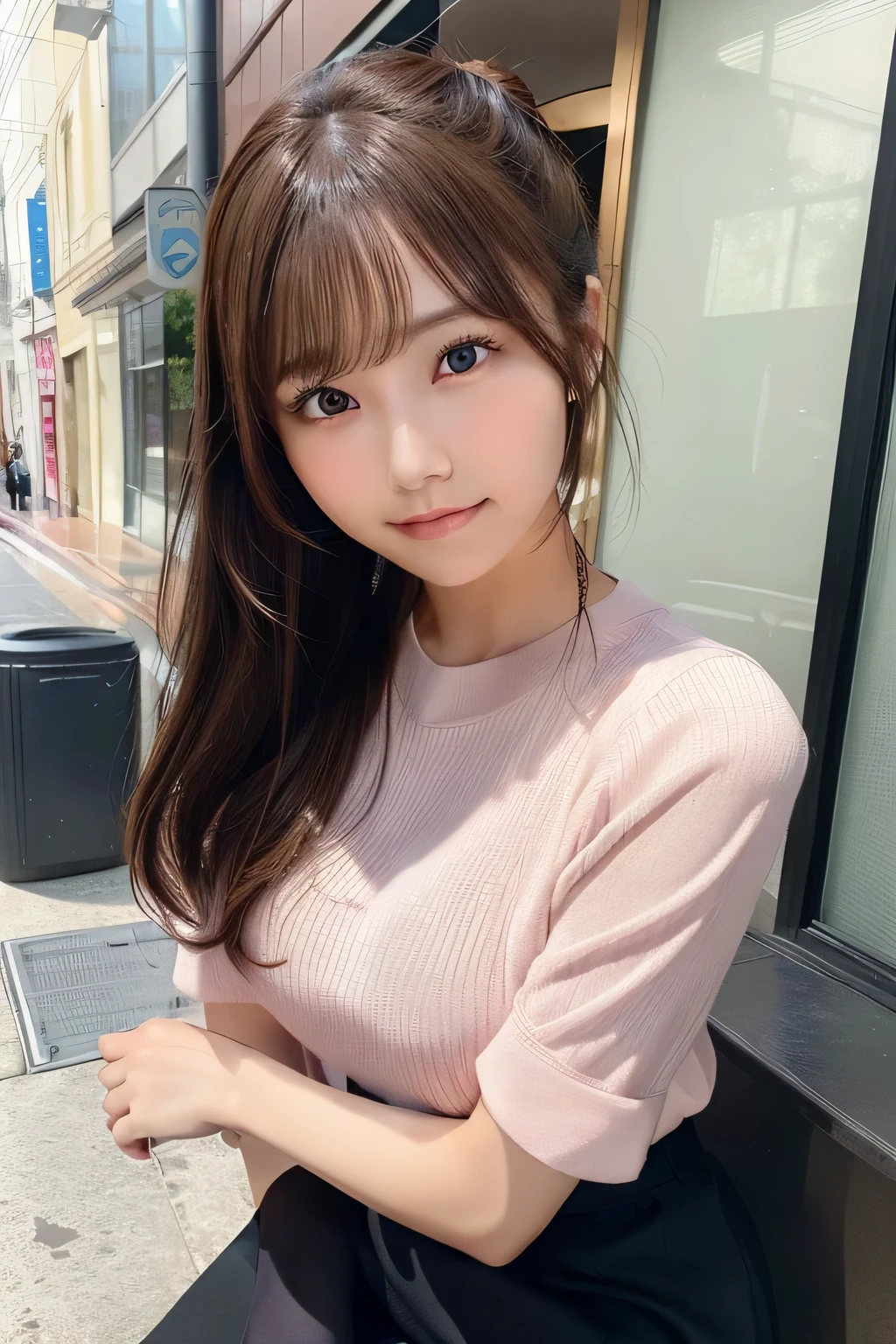 Realistic:1.2,masterpiece,Highest quality,98k,((One Woman)),20-year-old,Japanese women、Tight waist,Perfect Anatomy, Brown Hair,Big beautiful breasts,((Fully detailed face and eyes:1.2))((Cute face:1.2)),Random Pause,smile、Full Body Shot,Natural Face,One Girl, Very cute face,masterpiece, Highest quality, Ultra-fine、huge , Brown Hair, Laughter, Sit on, Send glances, Skirt, skyscraper、Extreme, city, ponytail, shirt, bust、Pink blouse、Ample breasts、Nogizaka、Beautiful dark eyes:1.3、 、more_detailed:1.5、