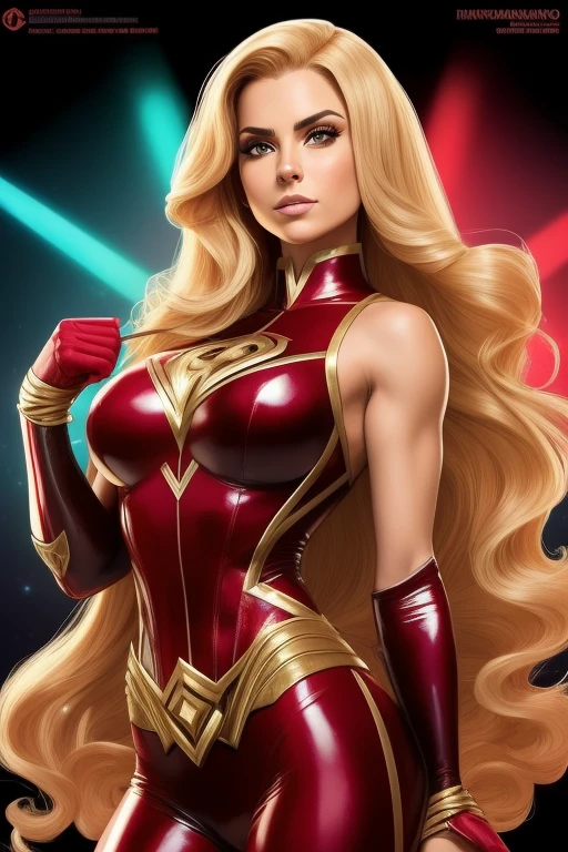 Arte similar Jonh Buscema,8k resolution, rasgos faciales exquisitos, cara perfecta, Super hombre, Superheroine, star symbol on chest, Cubierta en la espalda, lineas en la frente, una figura femenina, Una hermosa dama, piel brillante, alto detalle, mejor calidad, Bishōjo, pelo largo y dorado, ropa de cuero ajustada, (latex body), (Importantes avances)), gimnasio sucio, cara delicada, {{illustration}}, {extremadamente delicado y hermoso}, {maquillaje exquisito}, {{Chicas con ropa roja ajustada}}, Super meticuloso, (rayas negras y rojas en la ropa), ojos delicados y luminosos, ropa de cuero rojo, pantimedias, {{movie light}}, Dos, Efecto de luz extremo