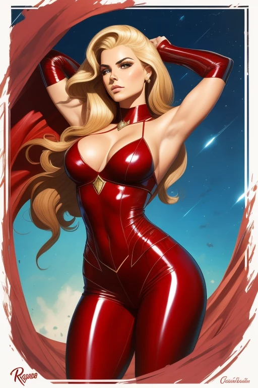 Arte similar Jonh Buscema,8k resolution, rasgos faciales exquisitos, cara perfecta, Super hombre, Superheroine, star symbol on chest, Cubierta en la espalda, lineas en la frente, una figura femenina, Una hermosa dama, piel brillante, alto detalle, mejor calidad, Bishōjo, pelo largo y dorado, ropa de cuero ajustada, (latex body), (Importantes avances)), gimnasio sucio, cara delicada, {{illustration}}, {extremadamente delicado y hermoso}, {maquillaje exquisito}, {{Chicas con ropa roja ajustada}}, Super meticuloso, (rayas negras y rojas en la ropa), ojos delicados y luminosos, ropa de cuero rojo, pantimedias, {{movie light}}, Dos, Efecto de luz extremo
