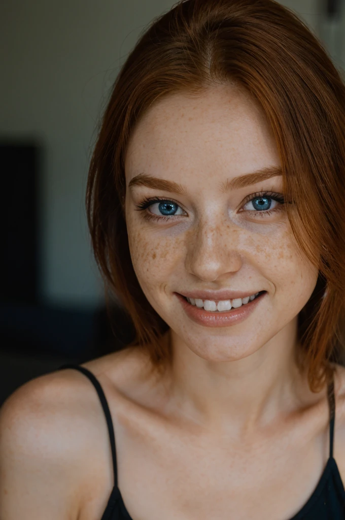 Hyper-realistic photograph of a super cute Irish redhead in a dark themed photo, freckles, thin nose, porous skin and short hair. full body, (Big flared naked breasts, (small, slim waist, slim body), hard nipple with realistic details, blue eyes, big eyes, detailed eyes, realistic skin, epic realism, HDR: 1.5, epic skin detail, (lustful smile, seductive look, perfect teeth), (8k, RAW photo, maximum quality),