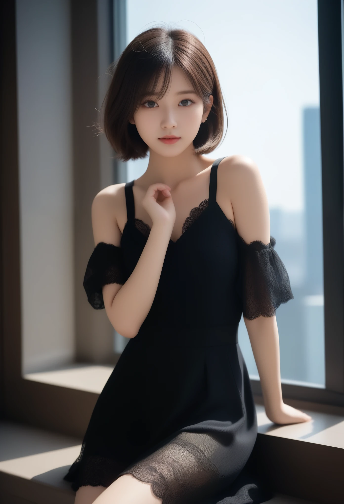 8k, Ultra-high resolution, Highest quality, masterpiece, 三分割法によるphotograph,Surreal, photograph, 1 girl, (16 years old:1.3), pretty girl, Cute face, Beautiful eyes in every detail, 細かくdetailedに,masterpiece,, One Girl:1.2, Japan Female Announcer,whole body, Leaning against the window, Nice views, Standing at the window, Pressed hard against the window, Standing on top of a skyscraper, Near the window, With your back to the window, Arms stretched out, Amazing View ,View from the side, Black high heels, Black lace underwear, A faint smile, Messy hairstyle,Short Bob,Looking at the audience、beauty,Long neck、Laugh a little、Please close your mouth and laugh、(((Ideal body type))),A-cup small breasts :2,、Portraiture:2、Perfect Anatomy、鮮明なdetailed、detailed、Surreal、Light and shadow,Strong light