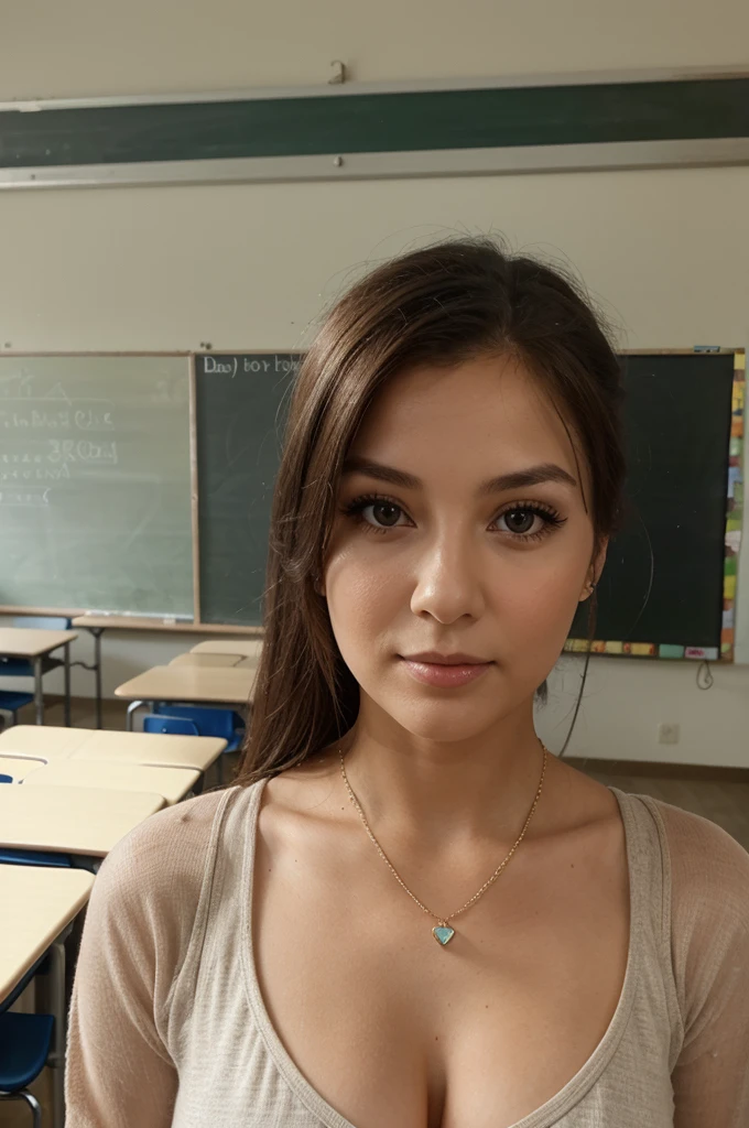 1girl in, 30 years old, Square face, Long hair, Looking at viewer, jewelry, Realistic, Sexy, teacher outfit, classroom background, free pose