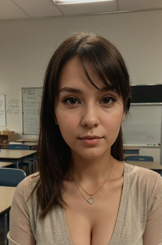 1girl in, 30 years old, Square face, Long hair, Looking at viewer, jewelry, Realistic, Sexy, teacher outfit, classroom background, free pose
