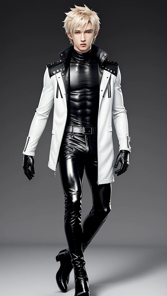 Final fantasy taste and reality graphics, Japanese young cute and cool ikemen boy, his age is early 20s, thin eyebrows and beady eyes, he wearing off white color leather thick singlebrest biker jacket, with epaulet, jacket zipped up, jacket is biker style, , jacket collar is high length stand-up collar with belts, jacket is a little black line pattern,close the front of the jacket, also wearing black thick turtleneck lackluster shirts, tight black leather pants, shiny black leather tight and thin glove, black leather knee-high raceup boots,must views head-to-toe,must views whole body, boy looks like fashion model,Do not show skin from the neck down,leather jacket leather glove and leather pants have few wrinkles,boy in the room,