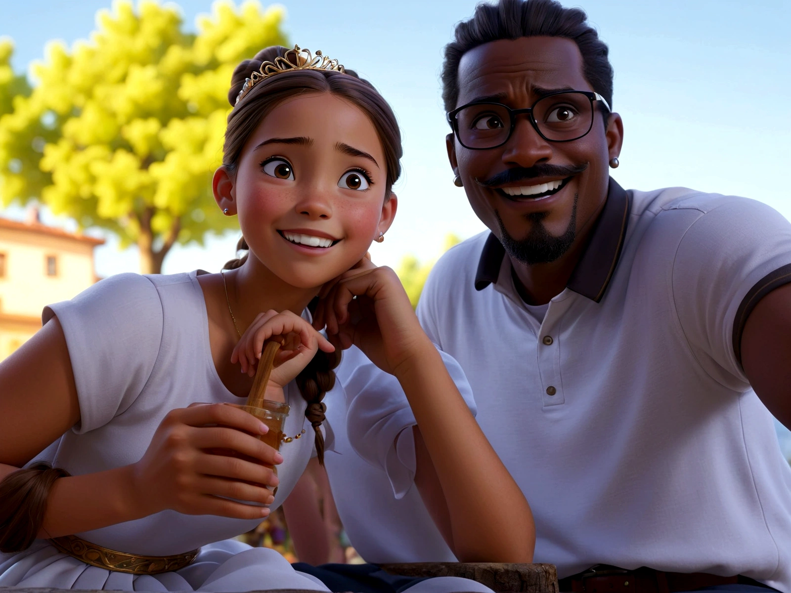 Background: with cloud and a tree with an atmosphere of joy. Two people are talking, laughing.
Characters: Girl of approximately s old, honey-colored skin, with brown hair tied back and a tiara, brown eyes sitting, looking around. Black-haired black man with mustache and goatee, dark brown eyes, wearing glasses talking to the girl. High quality and best image disney pixar cartoon