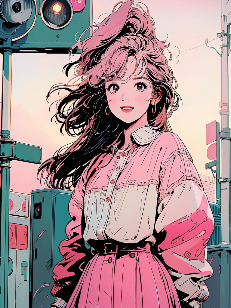 One beautiful woman, whole body, Upper Body, 4k, Warm colors , White blouse、skirt, pedestrian crossing、Signal, 、intersection、Complex background、Medium length pink hair、Detailed Hair、smile