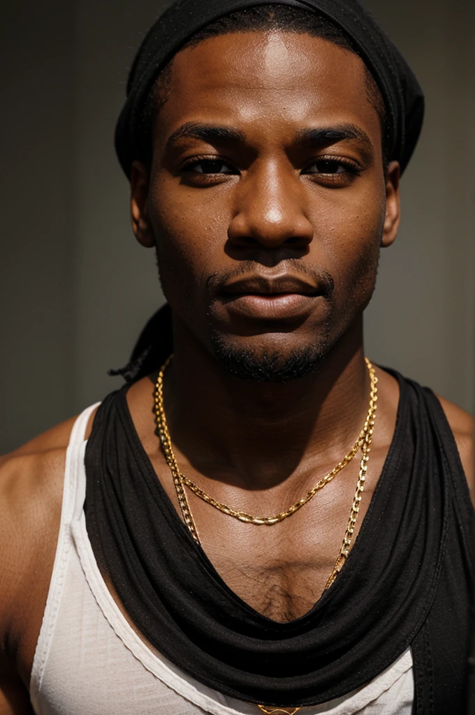 BLACK MAN, BLACK BANDANA, WHITE TANK TOP, GOLD CHAIN, FACE FRONT, BRIGHT FACE, BLACK MAN